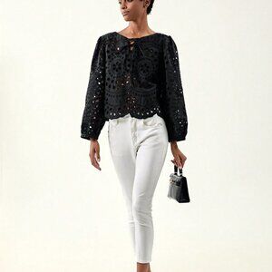 Black Preppy Womens Solid Tie Front Blouse